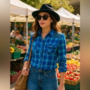 Guess Vibrant Blue plaid  Shirt with spikes sz L